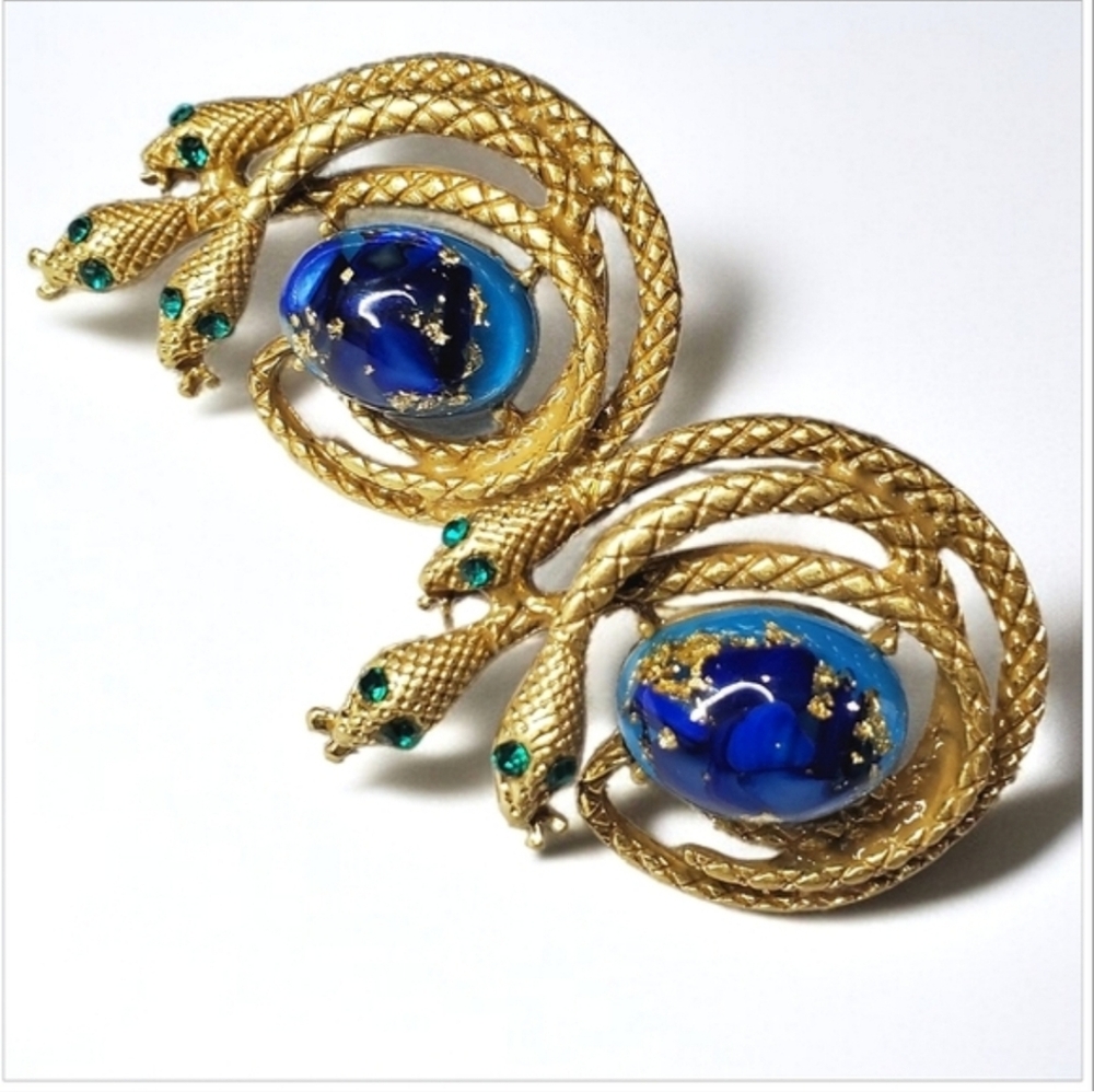 Chunky Gold Triple Coiled Snake Cabochon Crystal Earrings - Picture 3 of 4